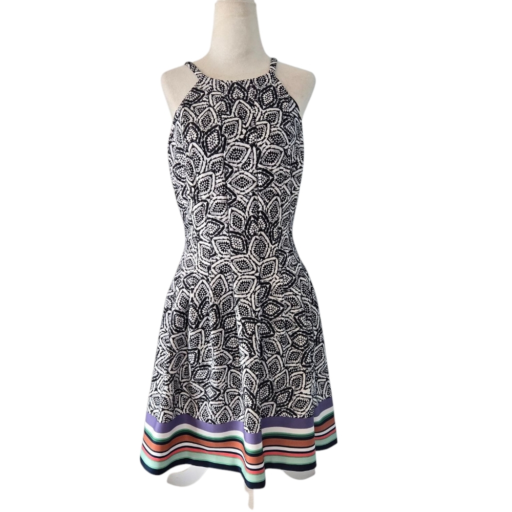 Vince Camuto Geometric Medalion Fit and Flare High Neck Dress.
